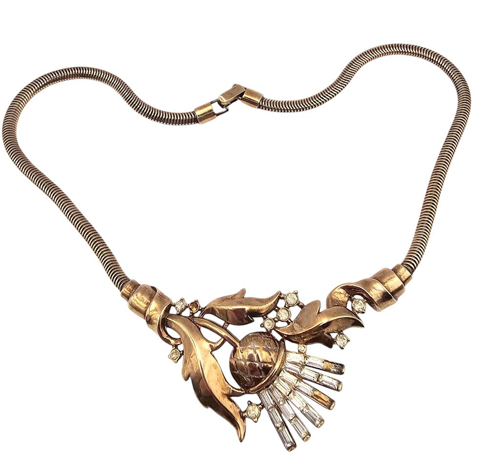 Lot 228: Crown Trifari Vintage Clear Baguette Rhinestone Gold Tone Thistle Necklace