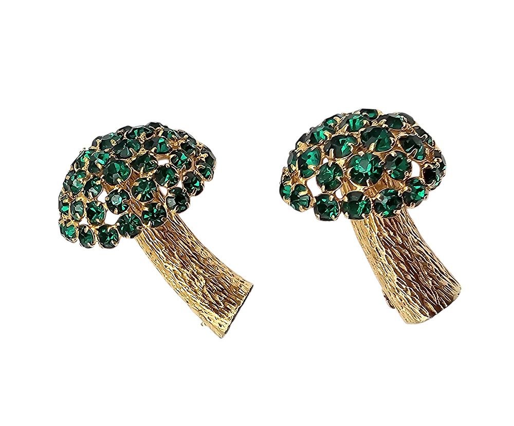 Lot 234: 1960 Castlecliff Green Rhinestone Brushed Gold Tone Mushroom Brooches
