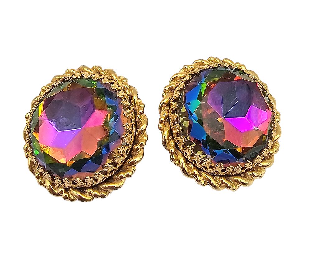 Lot 236: Schiaparelli Vintage Round Watermelon Rhinestone Gold Tone Large Earrings