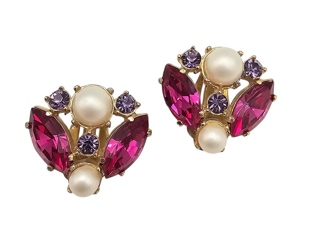Lot 237: Schiaparelli Vintage Faux Pearl Rhinestone Gold Tone Earrings