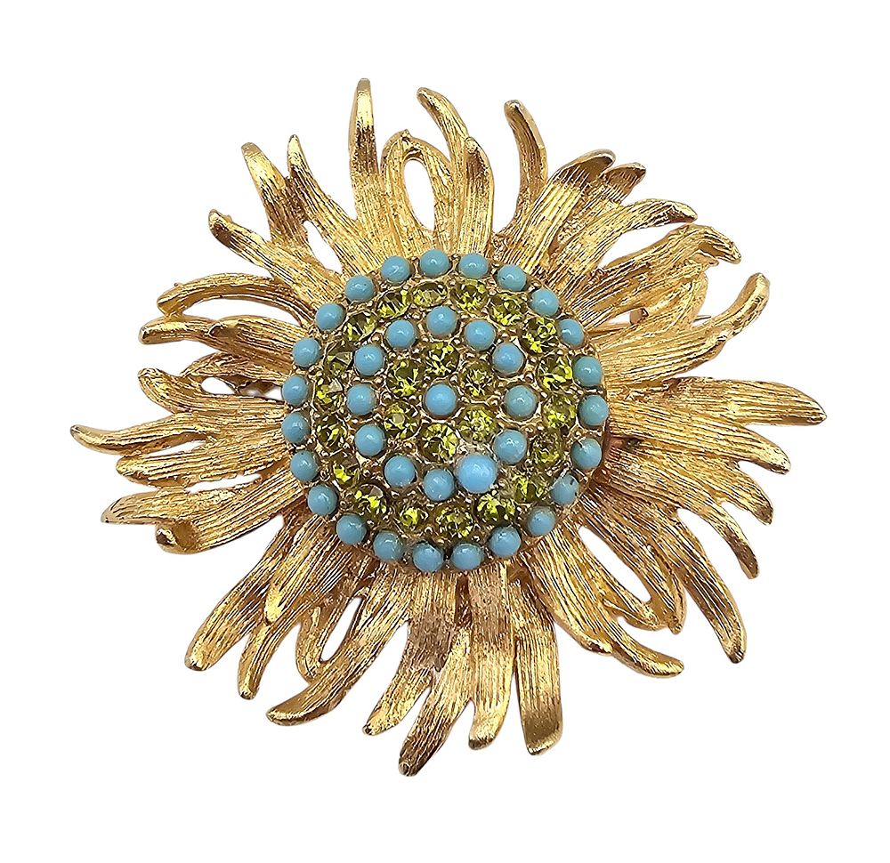 Lot 241: Benedikt NY Blue Green Stone Gold Tone Flower Brooch
