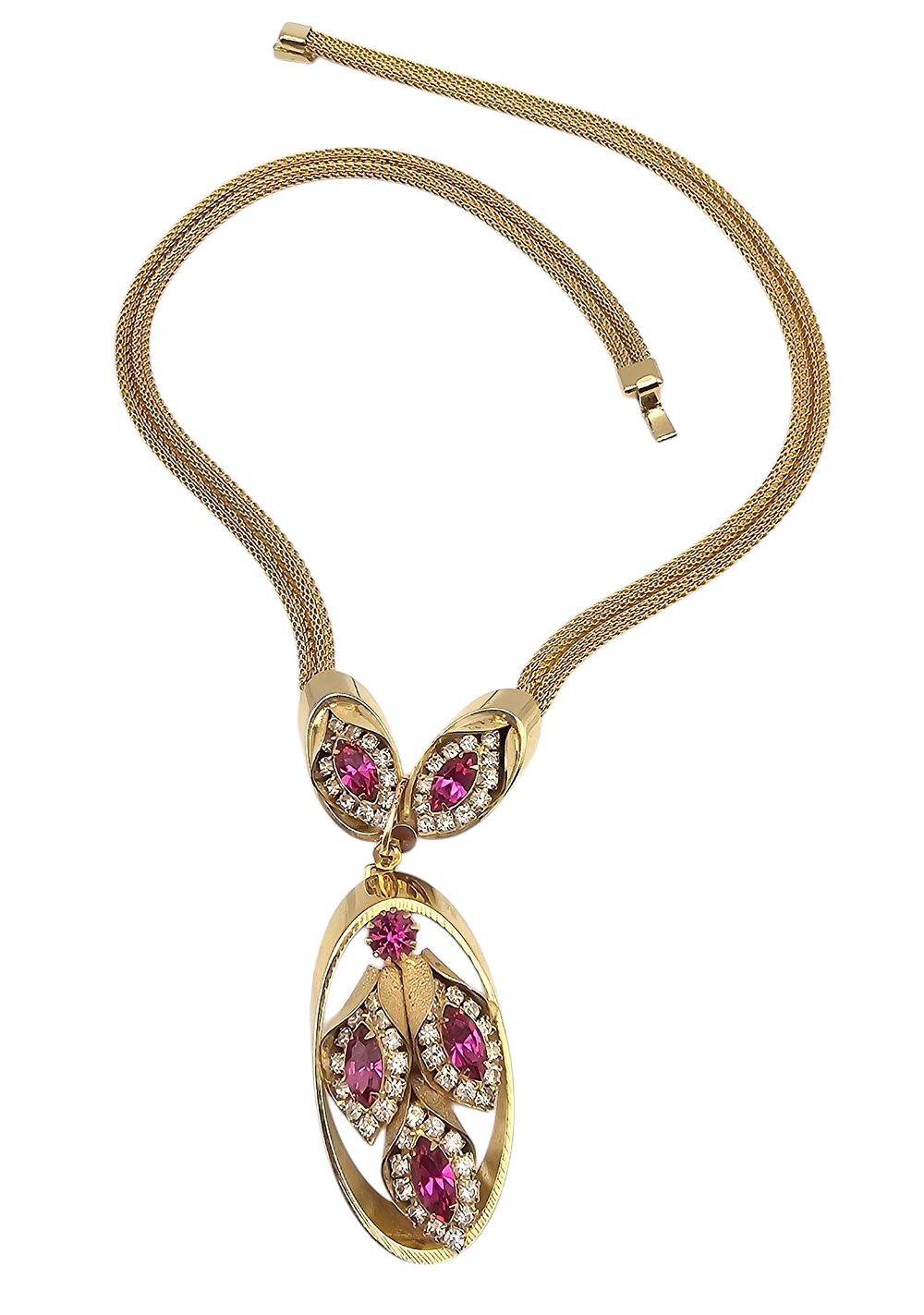 Lot 247: Kramer Vintage Pink Rhinestone Gold Tone Mesh Necklace