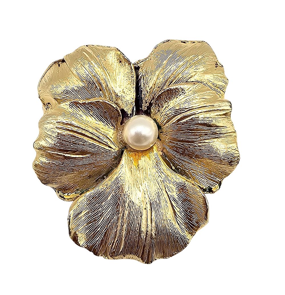 Lot 249: Hobe Faux Pearl Gold Tone Pansy Flower Brooch