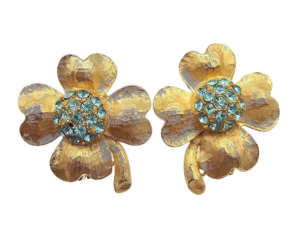 Lot 250: Hobe Teal Rhinestone Gold Tone Four Leaf Clover Earrings
