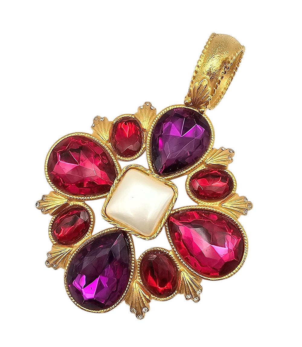 Lot 253: YOSCA Massive Moghul Cross Pink Red White Rhinestone Gold Tone Pendant