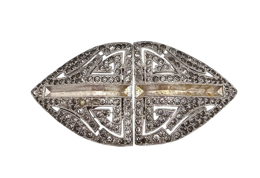 Lot 255: Vintage Rhinestone Silver Tone Duet Sweater Clip Brooch