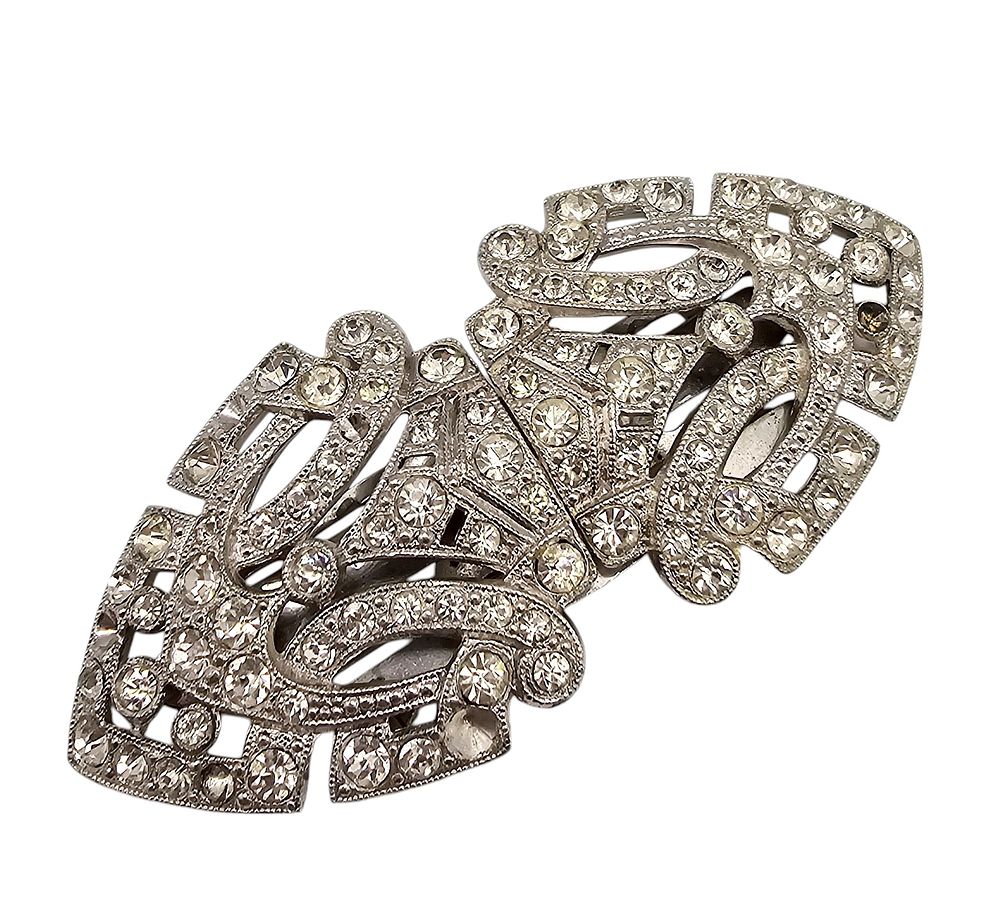 Lot 258: Vintage Black Clear Rhinestone Silver Tone Duet Sweater Clip Brooch