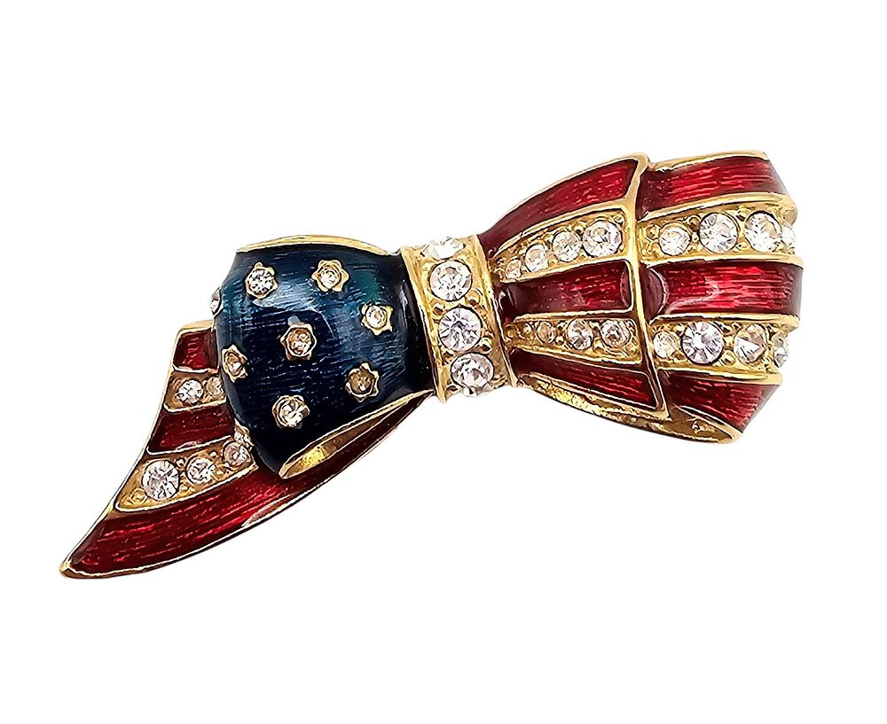 Lot 262: Carolee Red Blue Enamel Rhinestone Gold Tone American Ribbon Brooch