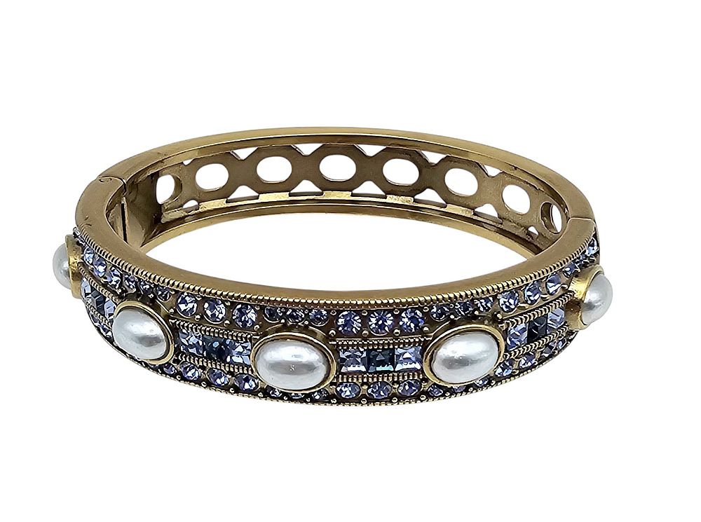 Lot 268: Heidi Duas Blue Rhinestone Faux Pearl Hinged Bangle Bracelet