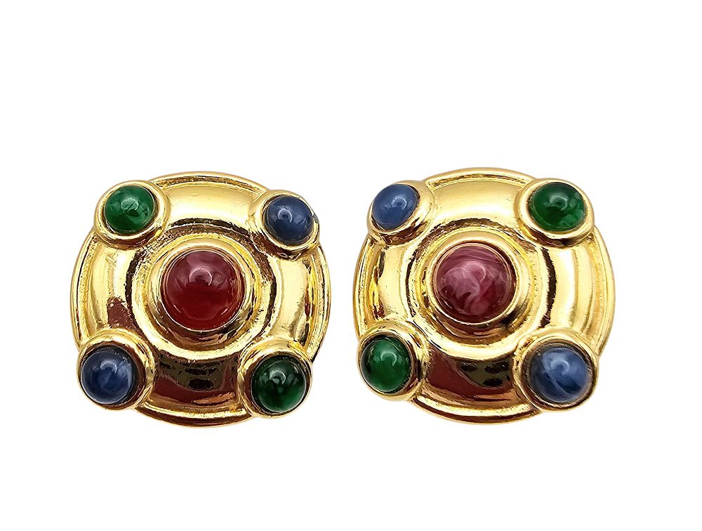 Lot 270: Alfred Philippe Revival Vintage Crown Trifari Maltese Cross Jewels Of India Mogul Multi Color Gold Tone Earrings