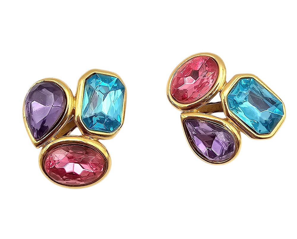 Lot 303: Trifari Vintage Colorful Stained Glass Style Gold Tone Earrings