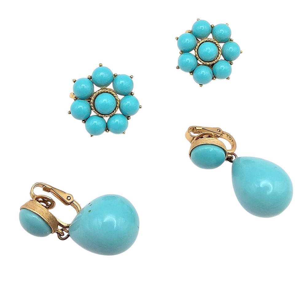 Lot 307: Crown Trifari Lot 2 Faux Turquoise Gold Tone Earrings