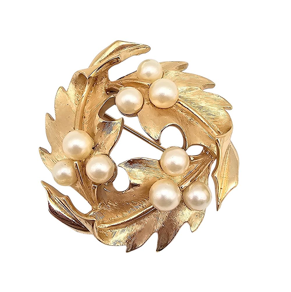 Lot 357: Crown Trifari 1960 Faux Pearl Brushed Gold Tone Leaf Brooch