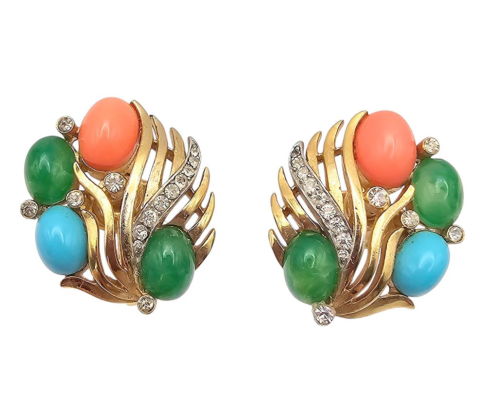 Lot 361: Crown Trifari 1960 Jewels Of India Turquoise Coral Jade Gold Tone Earrings