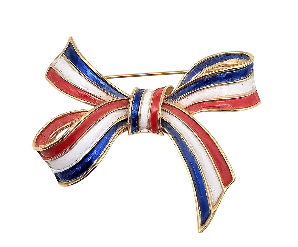 Lot 362: Crown Trifari Red White Blue Enamel Gold Tone Bow Patriotic Brooch