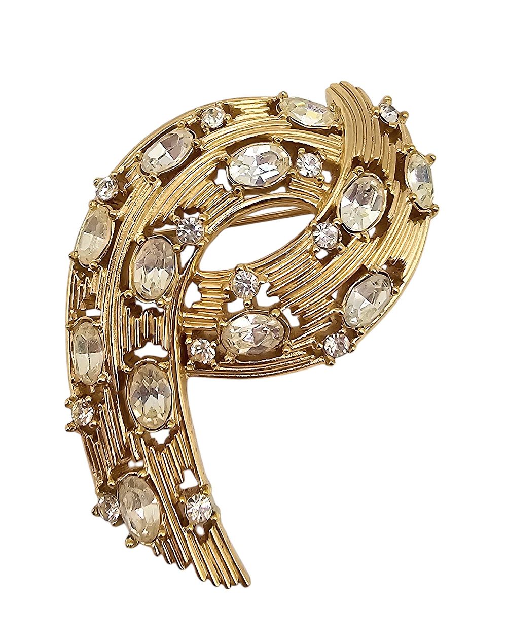 Lot 370: Crown Trifari Rhinestone Lined Ribbon Style Brooch