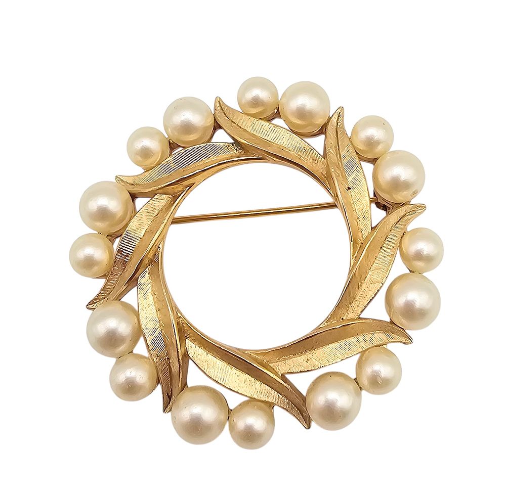 Lot 399: Crown Trifari Faux Pearl Brushed Gold Tone Leaf Berry Brooch