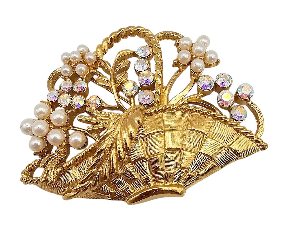 Lot 429: Trifari Vintage Iridescent Rhinestone Faux Pearl Gold Tone Flower Basket Brooch