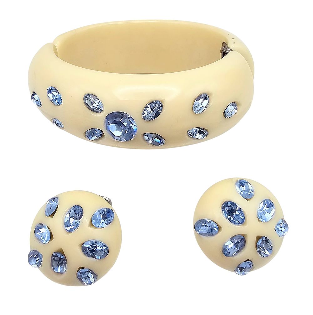 Lot 432: Weiss Vintage Ivory Celluloid Clamper Rhinestone Bracelet Earrings Set