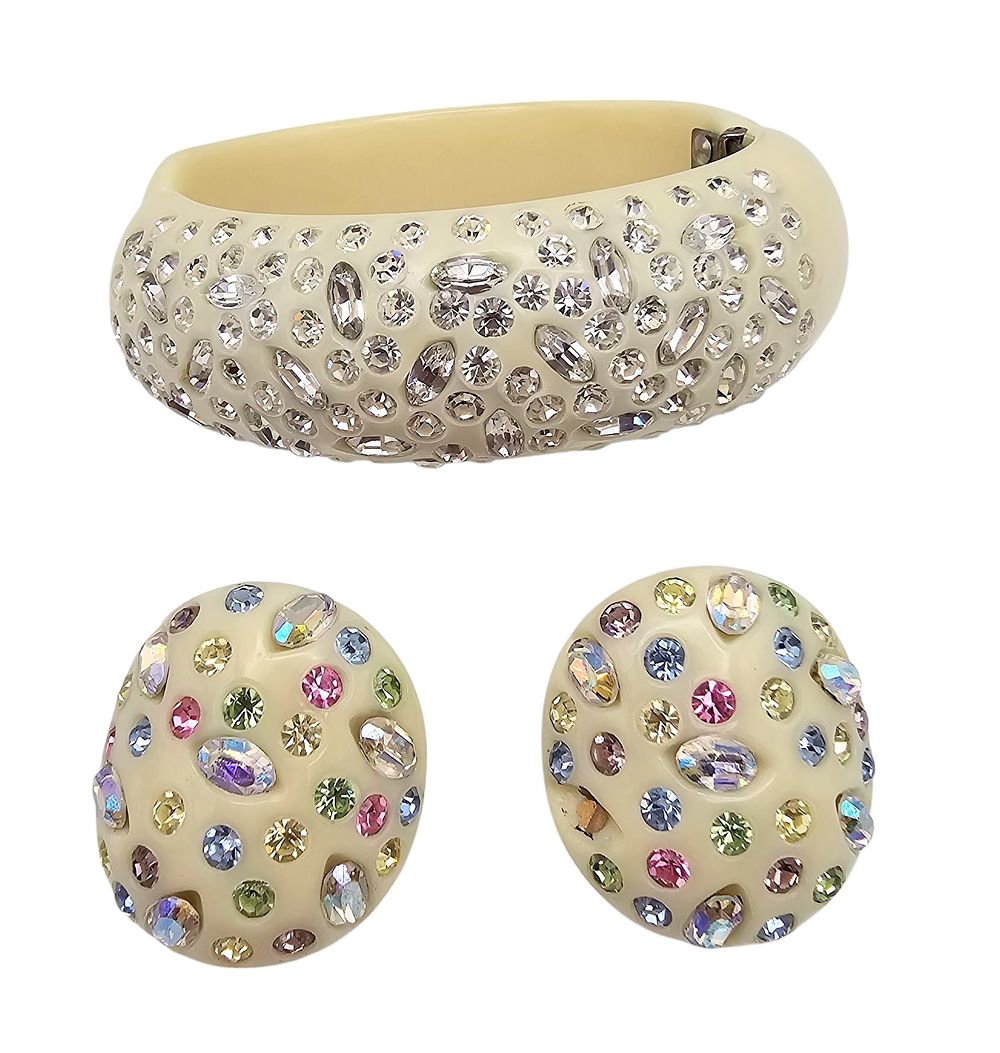 Lot 434: Weiss Vintage Ivory Celluloid Clamper Clear Rhinestone Bracelet Earrings Set