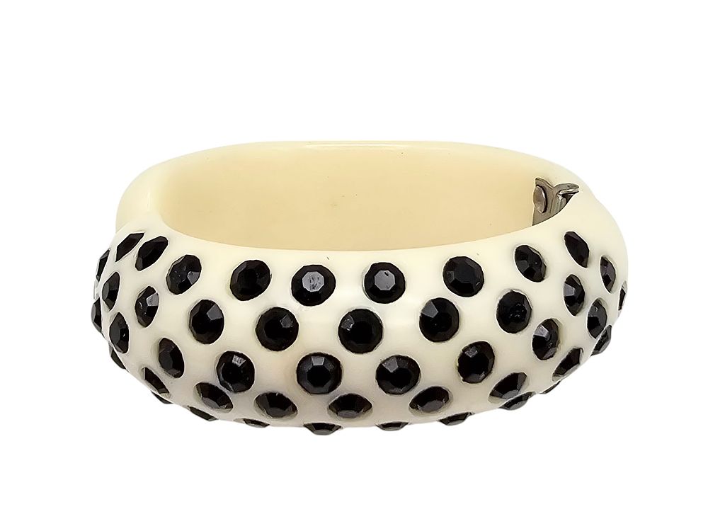 Lot 443: Vintage Ivory Celluloid Black Rhinestone Clamper Bracelet