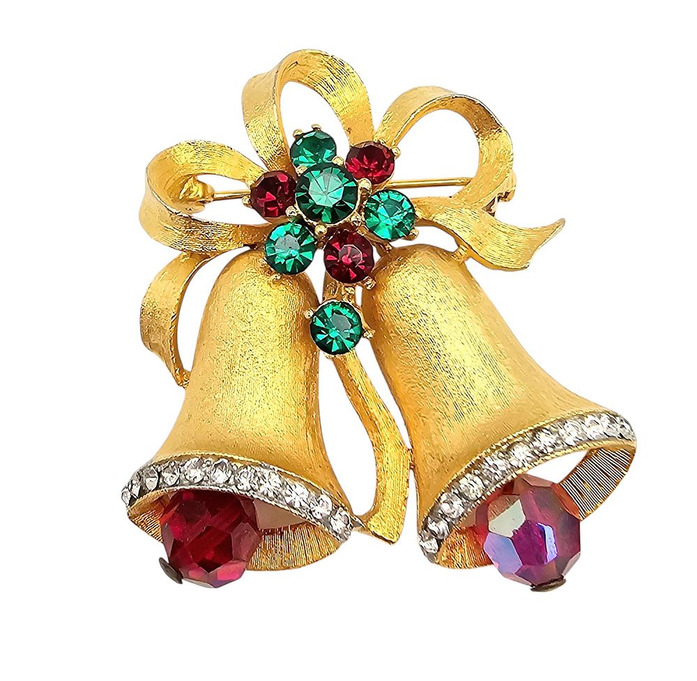 Lot 466: Weiss Vintage Rhinestone Gold Tone Christmas Bell Bow Brooch