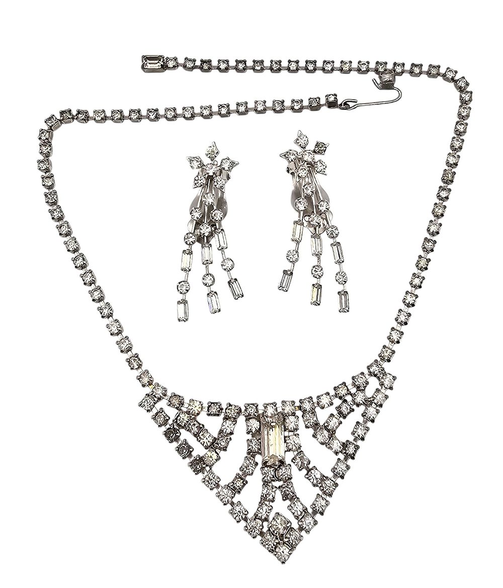 Lot 468: Weiss Vintage Clear Baguette Rhinestone Silver Tone Choker Necklace Earrings Set