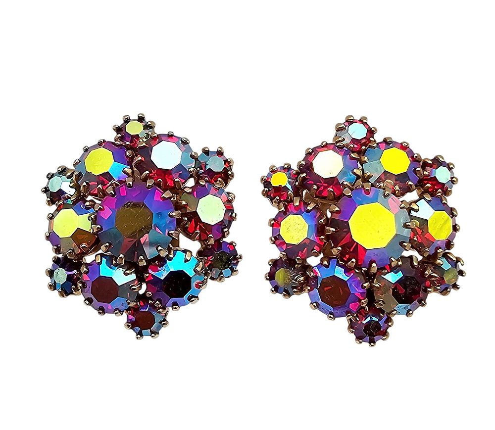 Lot 471: Weiss Red Aurora Borealis Rhinestone Cluster Earrings