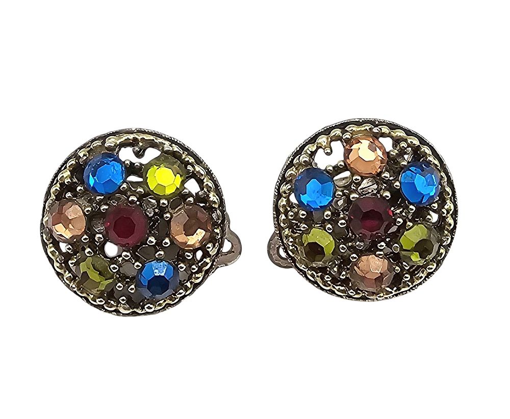 Lot 477: Weiss Vintage Multi Color Rhinestone Gold Tone Floral Earrings