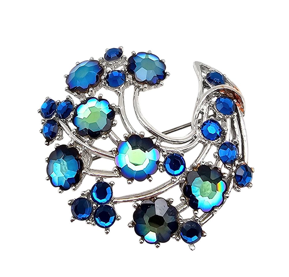 Lot 478: Weiss Vintage Blue Aurora Borealis Silver Tone Semi Circle Brooch