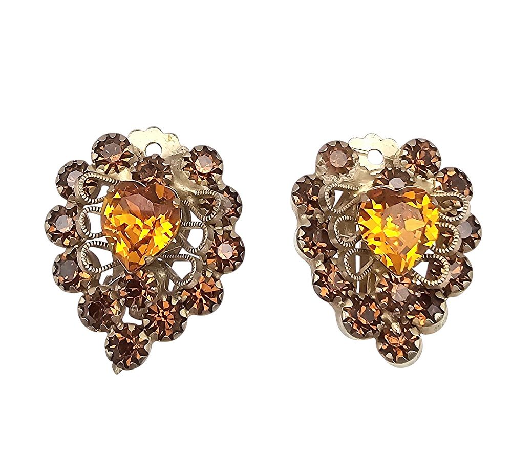Lot 479: Weiss Vintage Amber Color Rhinestone Gold Tone Heart Earrings