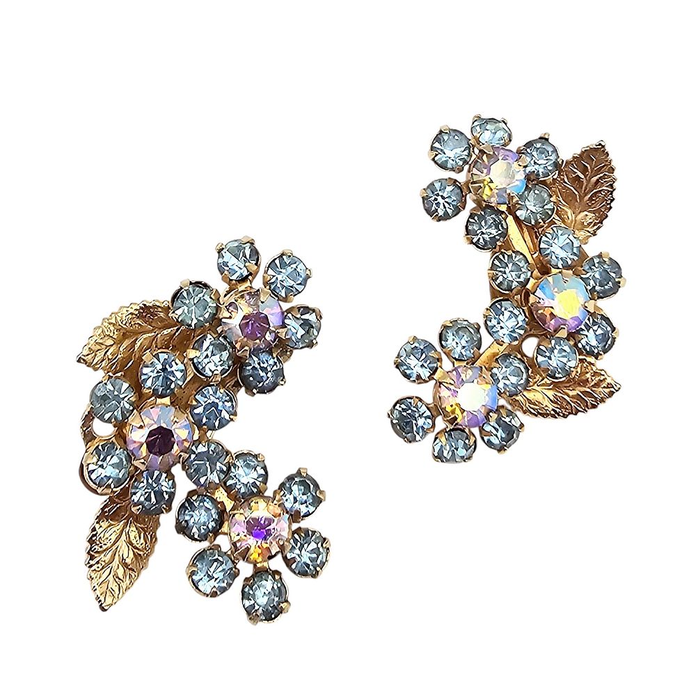 Lot 485: Weiss NY Vintage Blue Iridescent Rhinestone Gold Tone Floral Earrings