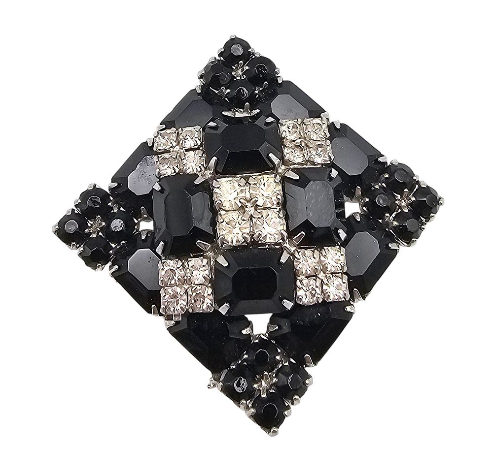 Lot 486: Weiss Black Clear Rhinestone Silver Tone Layered Raised Brooch