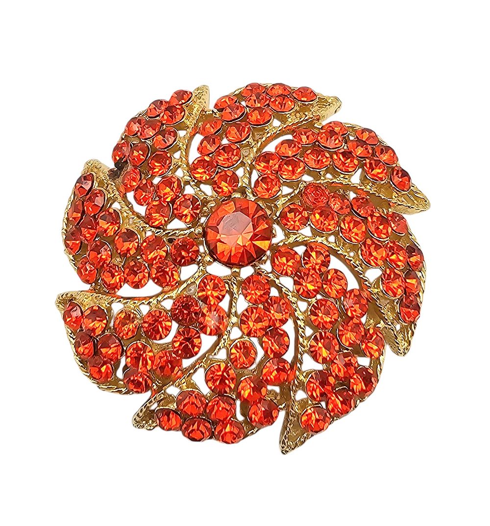 Lot 487: Weiss Vintage Vibrant Orange Rhinestone Gold Tone Sunburst Brooch