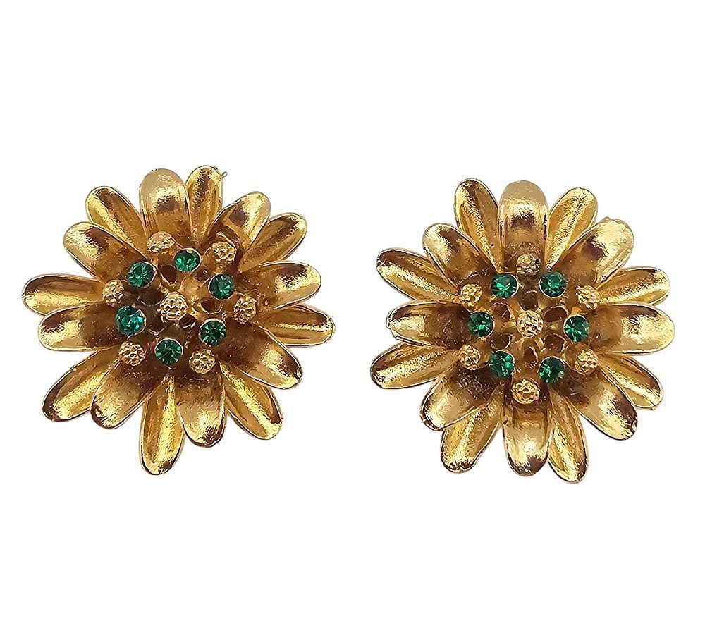 Lot 488: Weiss Vintage Green Rhinestone Gold Tone Flower Earrings
