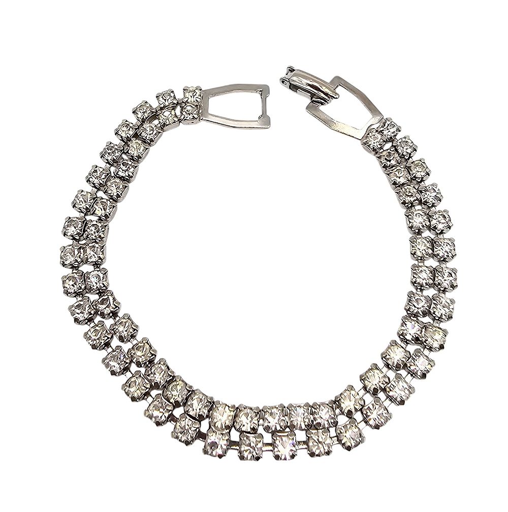 Lot 491: Weiss Vintage Clear Rhinestone Silver Tone 2 Strand Bracelet