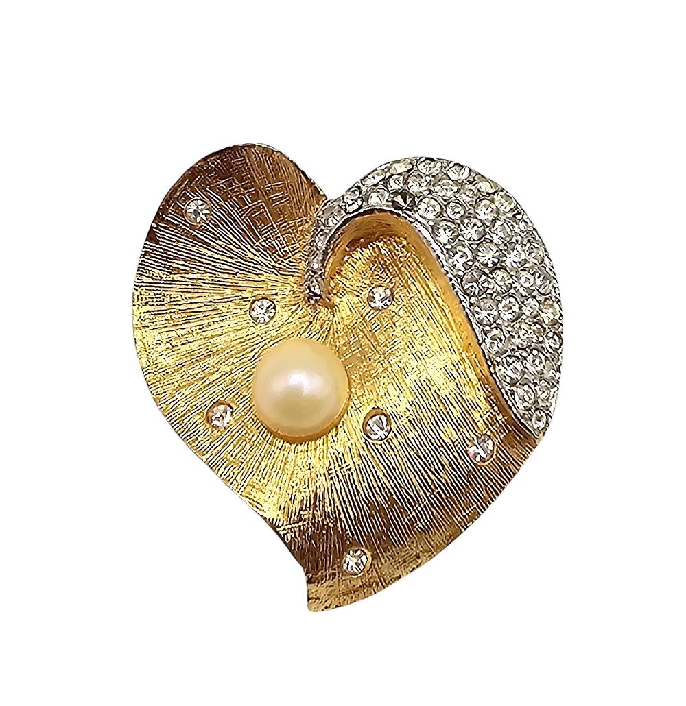 Lot 493: Weiss Faux Pearl Rhinestone Gold Tone Leaf Brooch