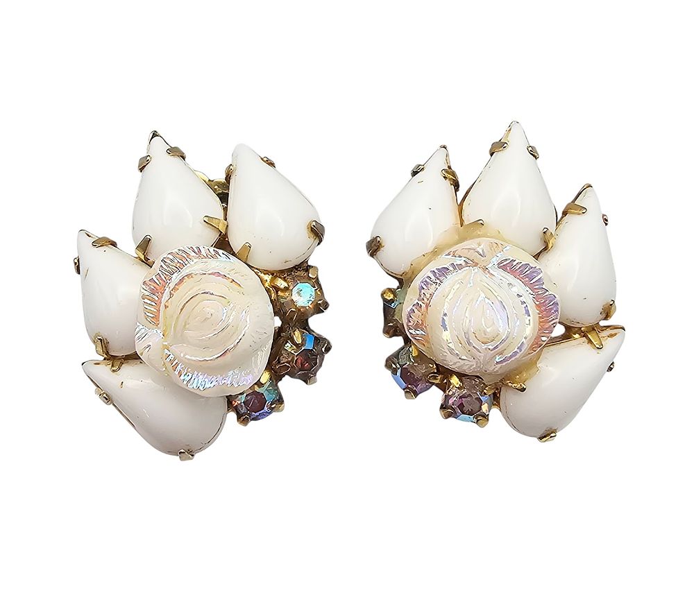 Lot 495: Weiss Vintage Milk Glass Iridescent Rhinestone Rose Earrings