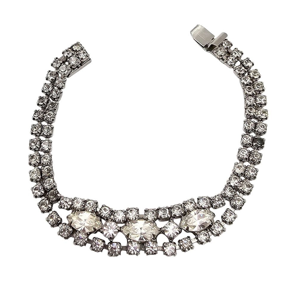 Lot 499: Weiss Vintage Clear Rhinestone Silver Tone 2 Strand Bracelet