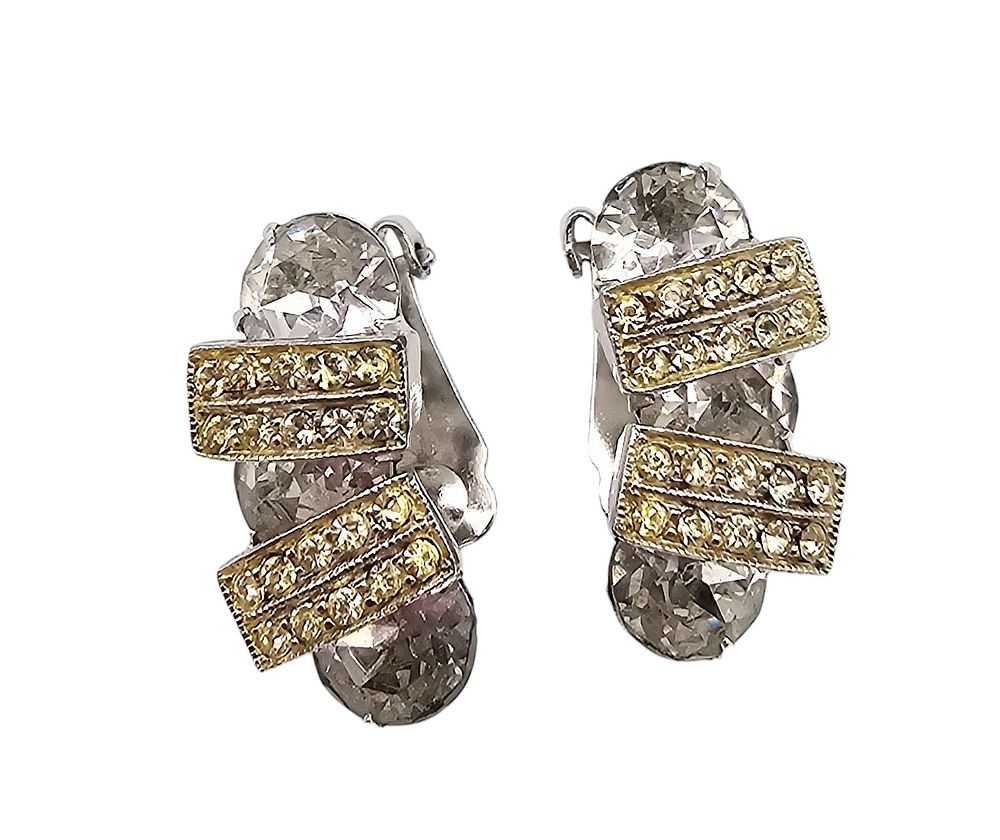 Lot 504: Weiss Yellow Clear Rhinestone Silver Tone Earrings