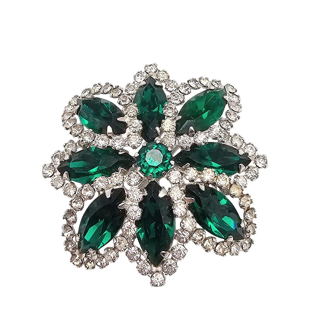 Lot 516: Weiss Vintage Clear Green Rhinestone Silver Tone Flower Brooch