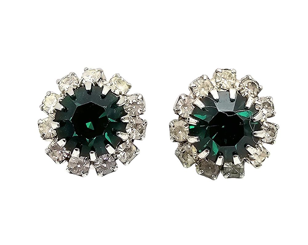 Lot 517: Weiss Vintage Clear Emerald Green Rhinestone Silver Tone Earrings