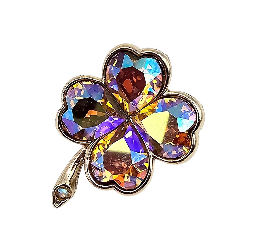 Lot 518: Weiss Vintage Aurora Borealis Gold Tone Four Leaf Clover Brooch