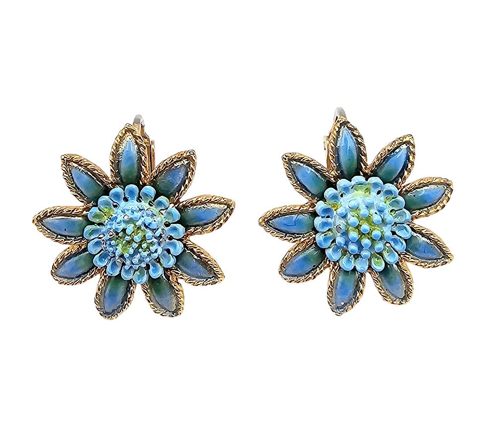 Lot 564: Coro Blue Enamel Gold Tone Flower Earrings