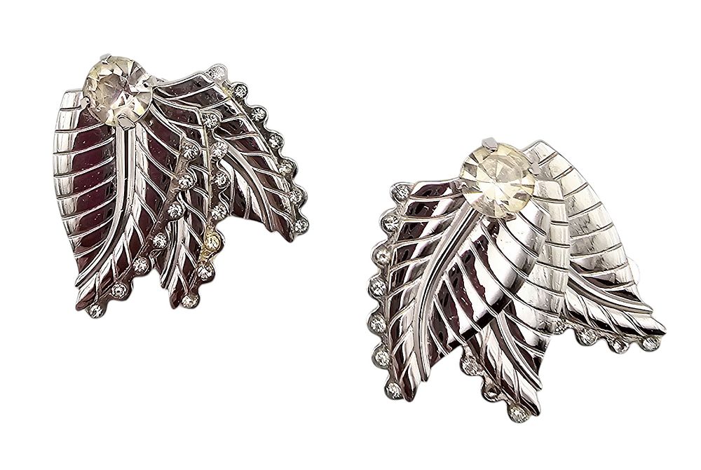 Lot 569: Coro Silver Tone Movement Leaf Rhinestone Earrings
