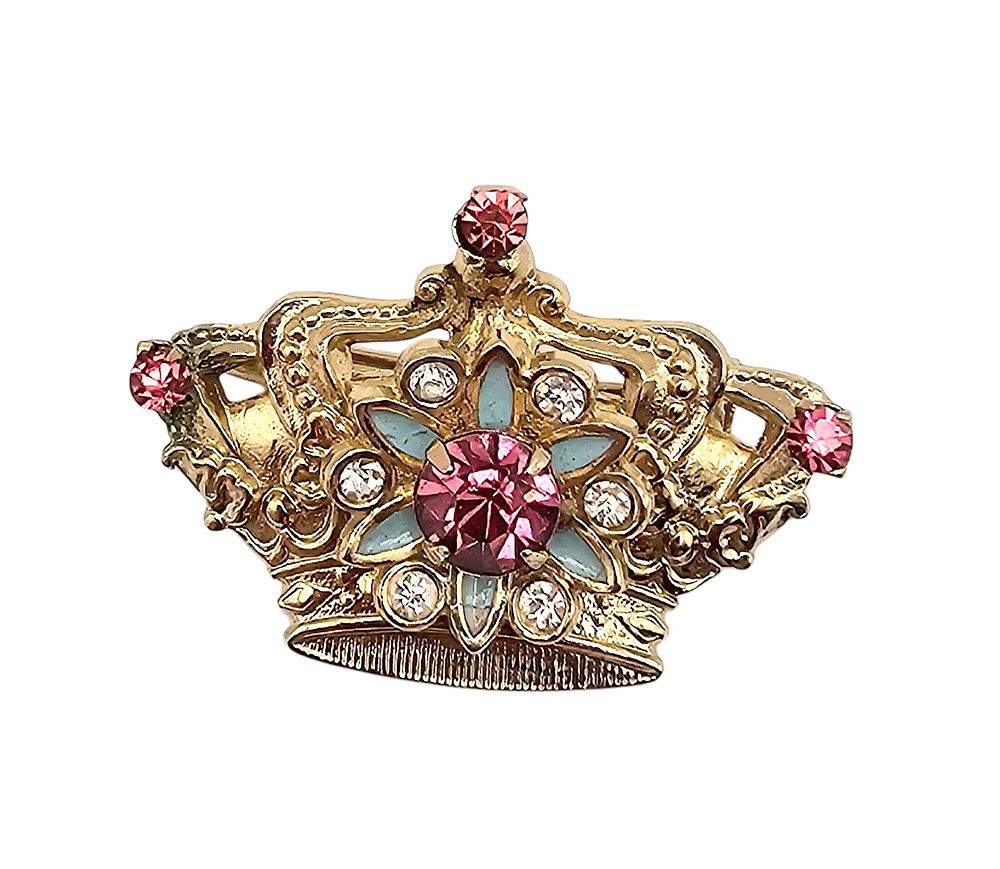 Lot 576: Coro Pink Rhinestone Enamel Gold Tone Crown Brooch
