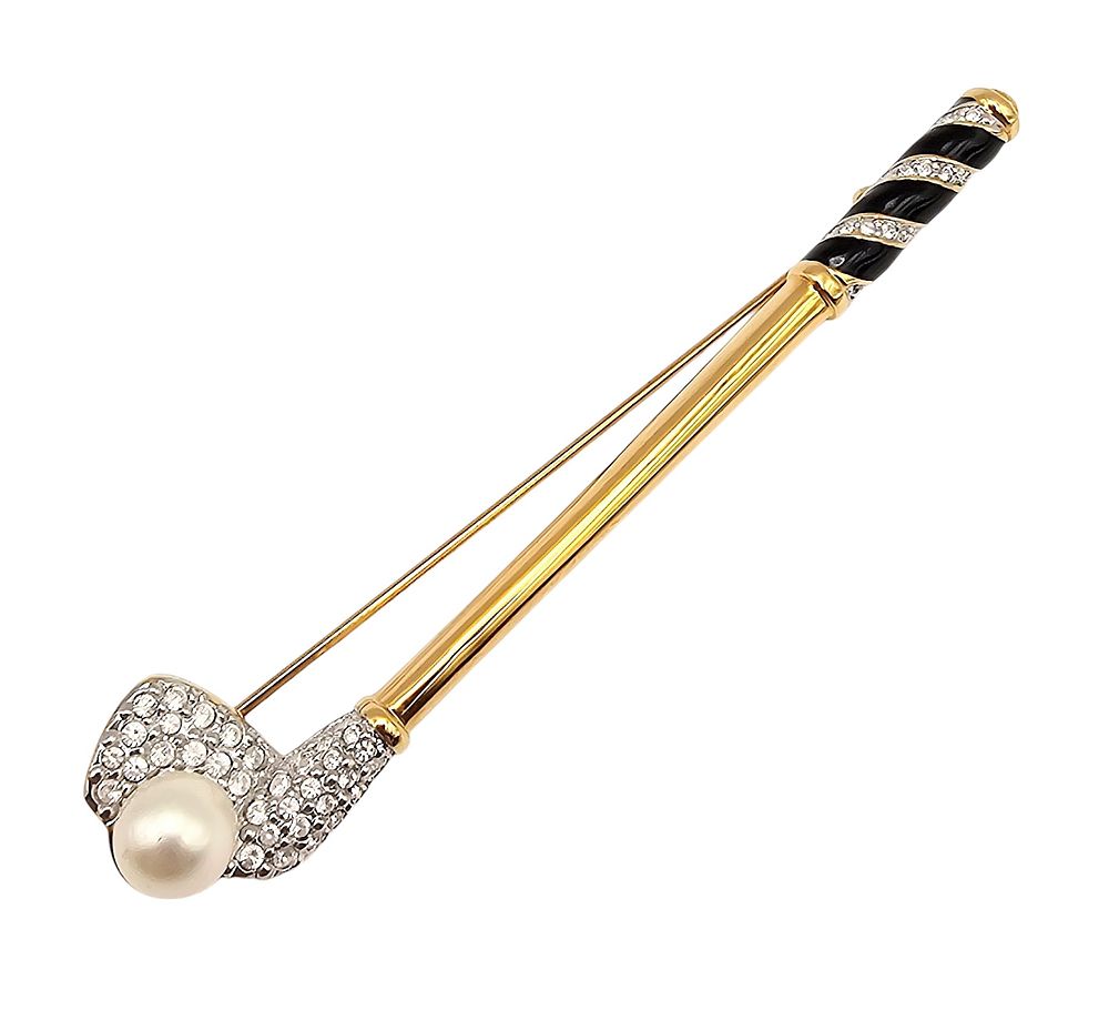 Lot 589: Swarovski Crystal Pearl Enamel Gold Tone Golf Club Brooch