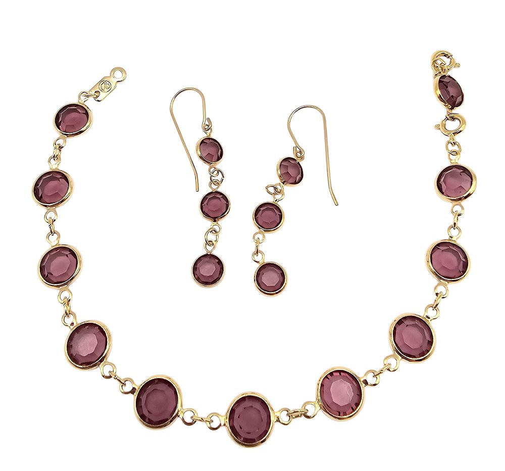 Lot 590: Swarovski Purple Crystal Gold Tone Bracelet Drop Dangle Earrings Set
