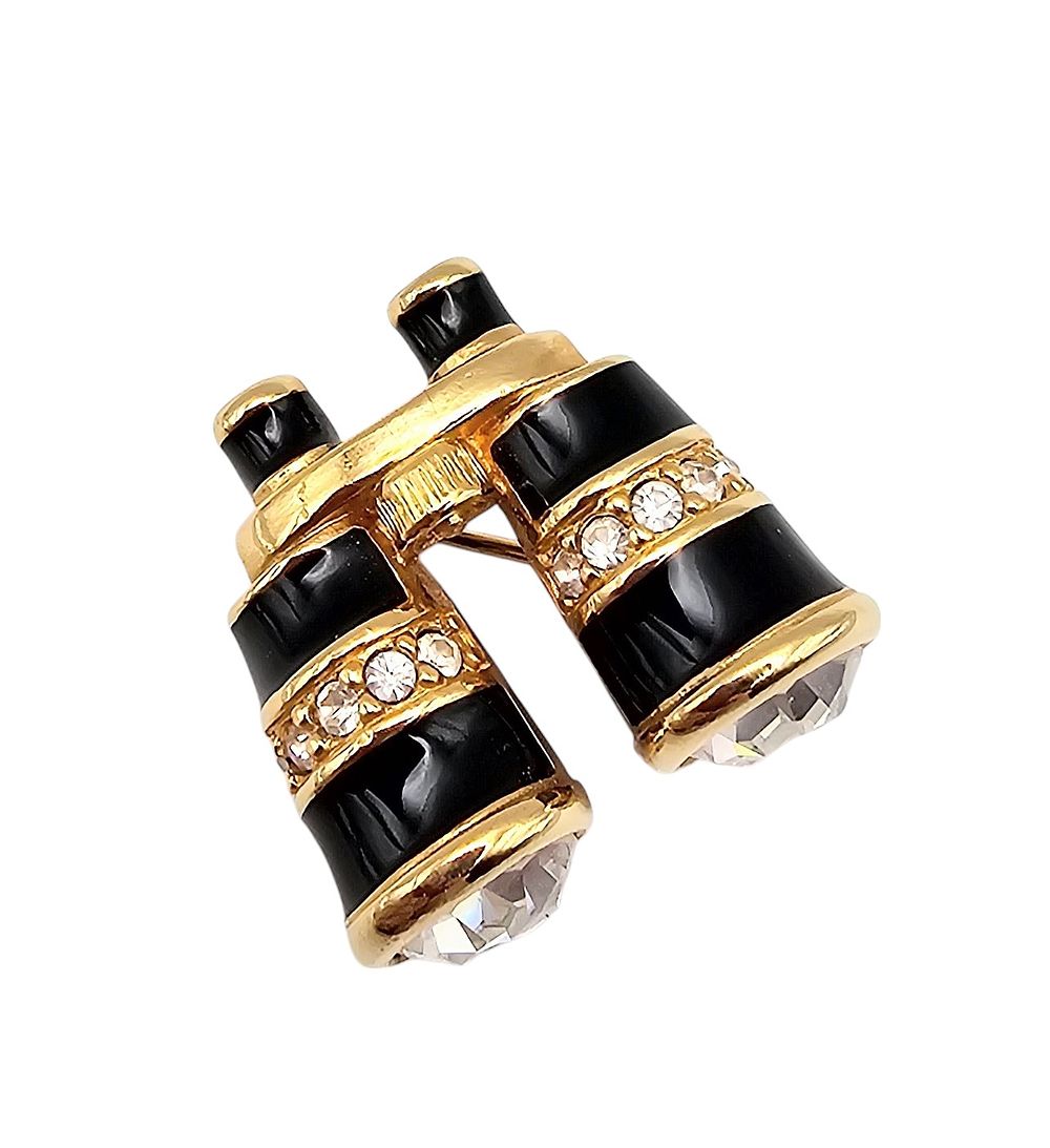 Lot 591: Swarovski Crystal Black Enamel Gold Tone Binoculars Brooch