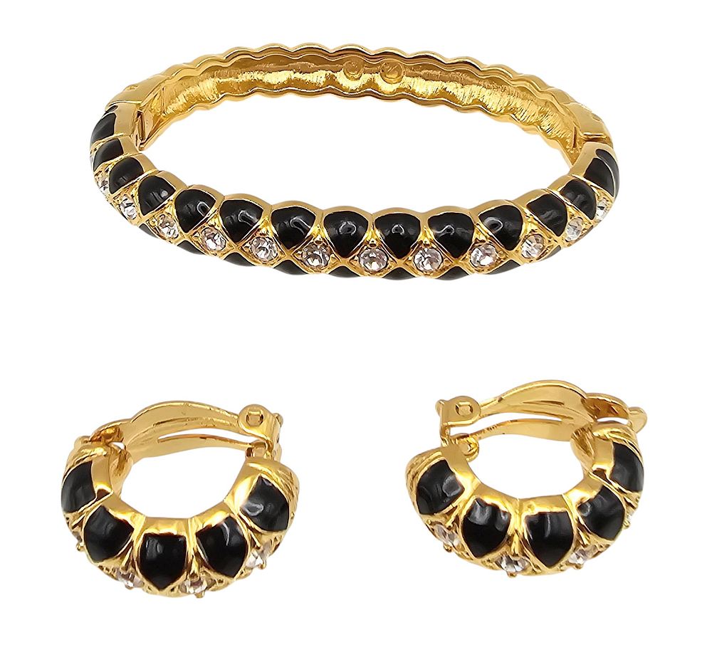 Lot 597: Swarovski Crystal Black Enamel Hinged Bangle Bracelet Earrings Set